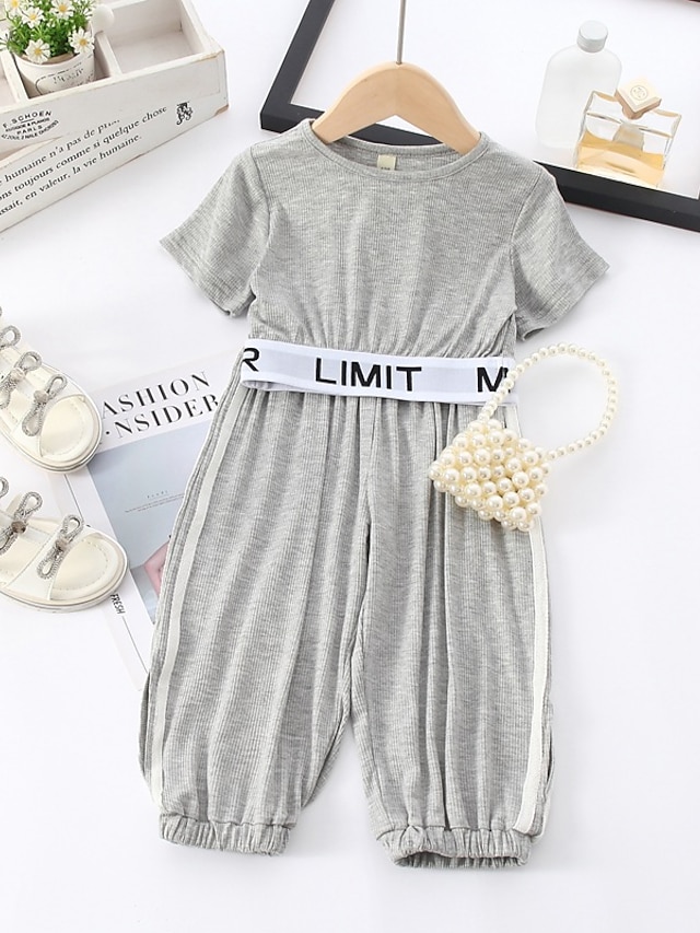 Baby & Kids Girls Clothing | Kids Girls T-shirt & Pants Clothing Set 2 Pieces Short Sleeve Gray Solid Color Letter Casual Daily 