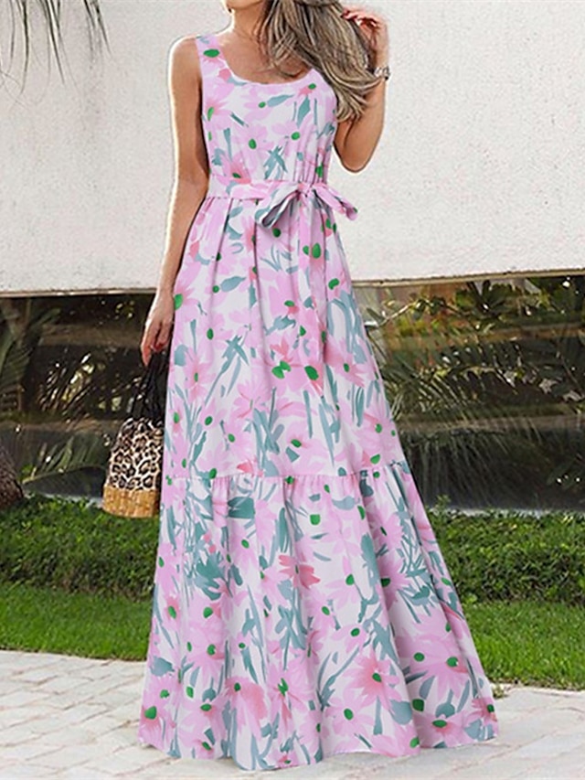 Womens Clothing Womens Dresses | Womens A Line Dress Maxi long Dress White Black Pink Red Sleeveless Floral Print Spring Summer 