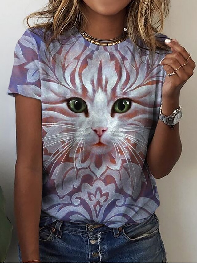  Women's Cat 3D Casual Weekend 3D Cat Painting Short Sleeve T shirt Tee Round Neck Print Basic Essential Tops Brown S / 3D Print