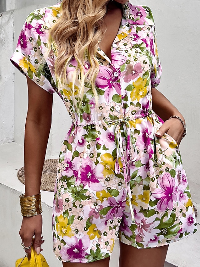 Womens Clothing Womens Jumpsuits & Rompers | Womens Romper Print Floral V Neck Casual Holiday Going out Regular Fit Short Sleeve