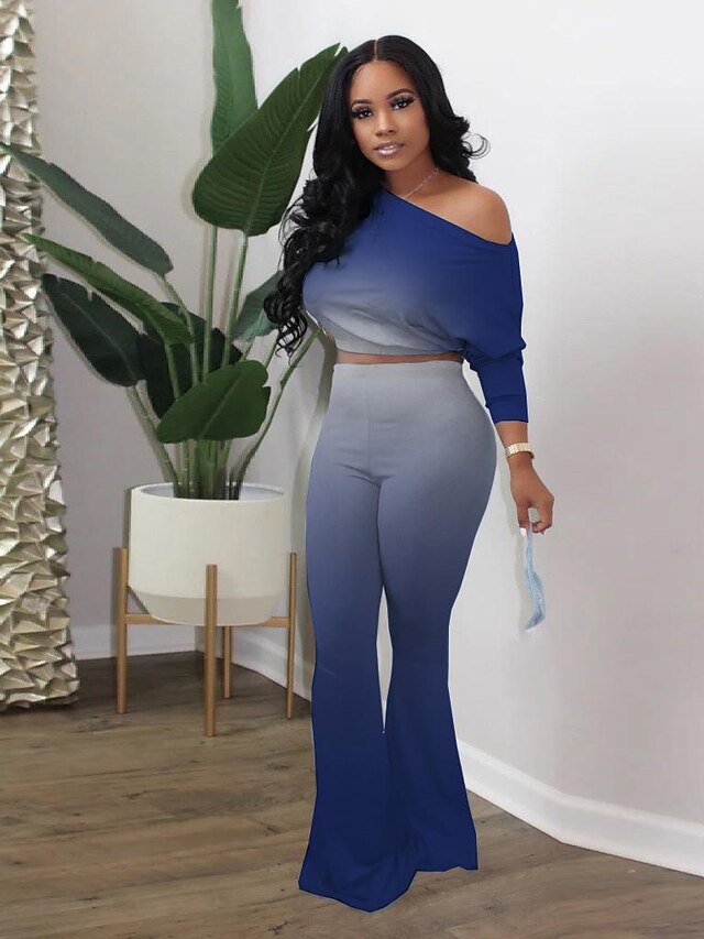  2022 spot cross-border boutique amazon independent station gradient color solid color flared pants loungewear two-piece set