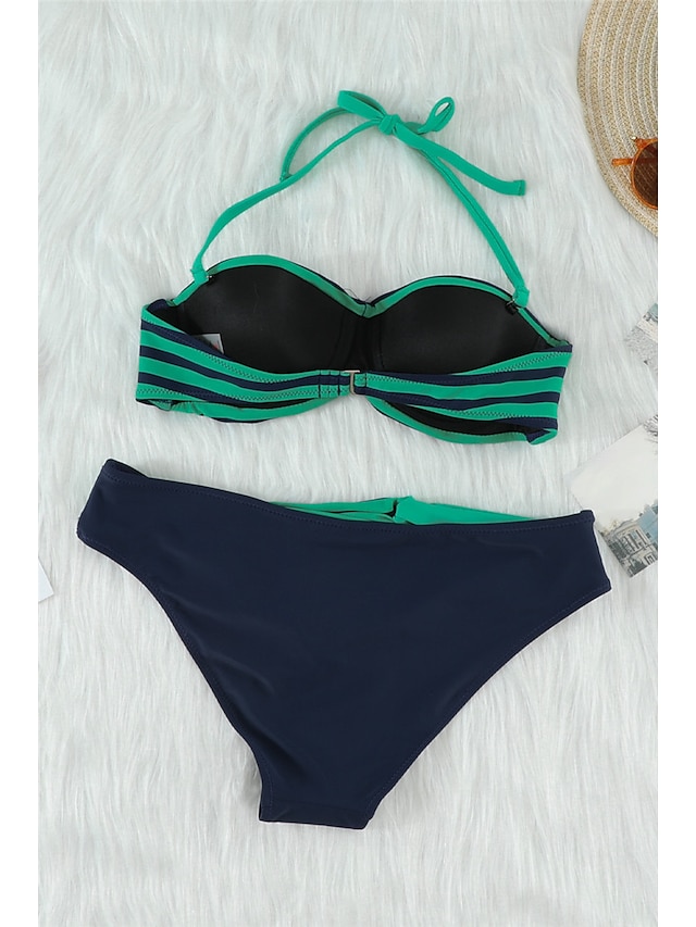 Womens Clothing Womens Swimwear | Womens Swimwear Bikini 2 Piece Normal Swimsuit Open Back Printing Striped Green Black Gray Yel