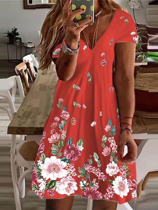  Women‘s Curve Plus Size Curve A Line Dress Floral V Neck Short Sleeve Spring Summer Casual Short Mini Dress Casual Daily Dress