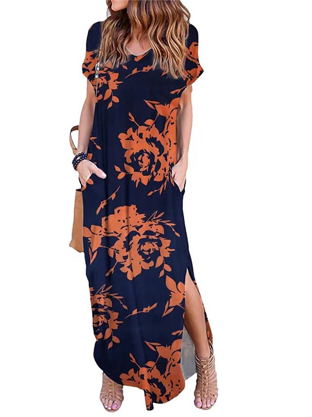 Womens Clothing Womens Dresses | Womens Shift Dress Maxi long Dress Green Blue Black Pink Wine Orange Short Sleeve Floral Stripe