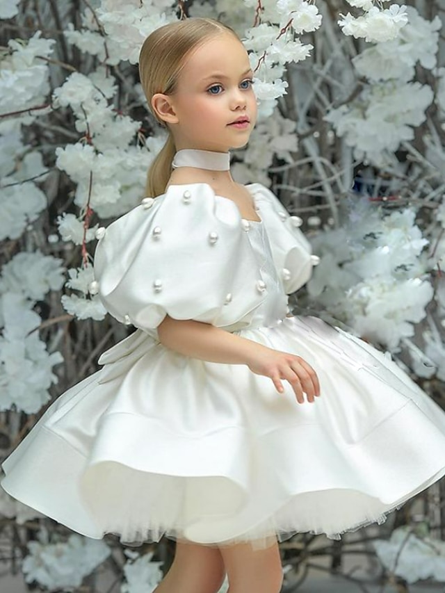  Kids Girls' Dress Solid Colored Short Sleeve Wedding Party Ruched Mesh Puff Sleeve Cute Sweet Polyester Above Knee A Line Dress Tulle Dress Flower Girl's Dress Summer Spring 3-12 Years Mint color