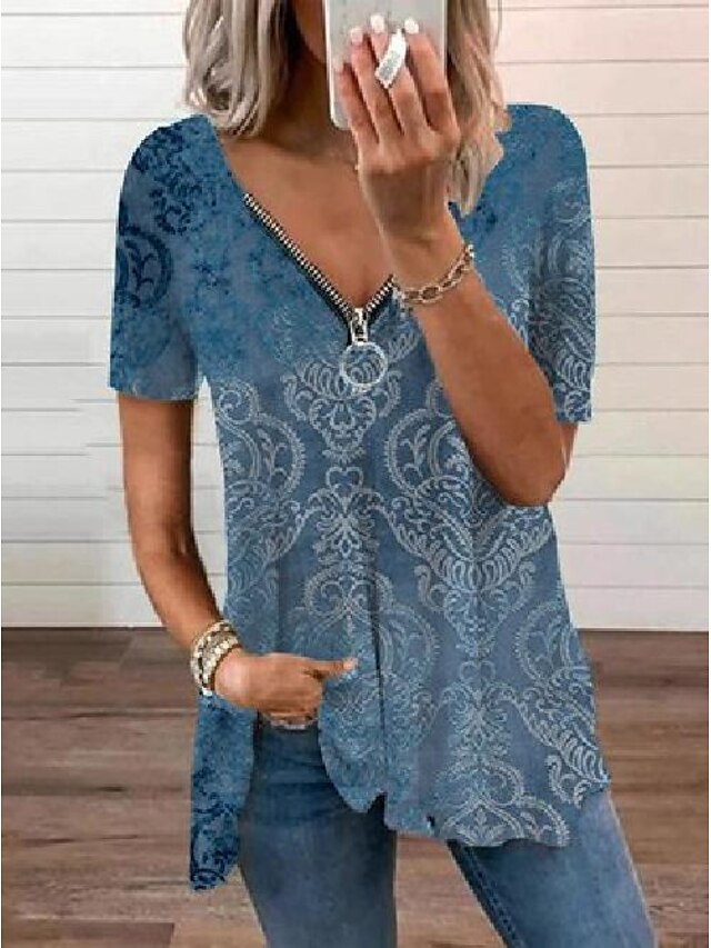 Womens Clothing Womens Tops | Womens Floral Geometric T shirt Tee Graphic Paisley Geometric Zipper V Neck Ethnic Vintage Boho To