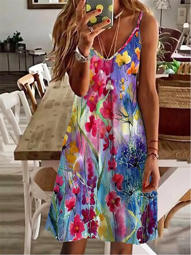 Womens Clothing Womens Dresses | Womens A Line Dress Knee Length Dress Rainbow Sleeveless Floral Backless Patchwork Print Summer