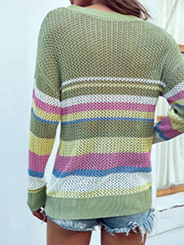 Womens Clothing Sweaters & Cardigans | Womens Pullover Sweater Jumper crochet Knit Knitted Striped Crew Neck Stylish Casual Home