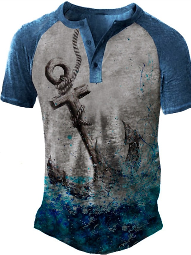  Men's Henley Shirt Tee Casual Shirt T shirt 3D Print Graphic Sea Plus Size Henley Daily Sports Button-Down Print Short Sleeve Tops Basic Casual Classic Designer Gray