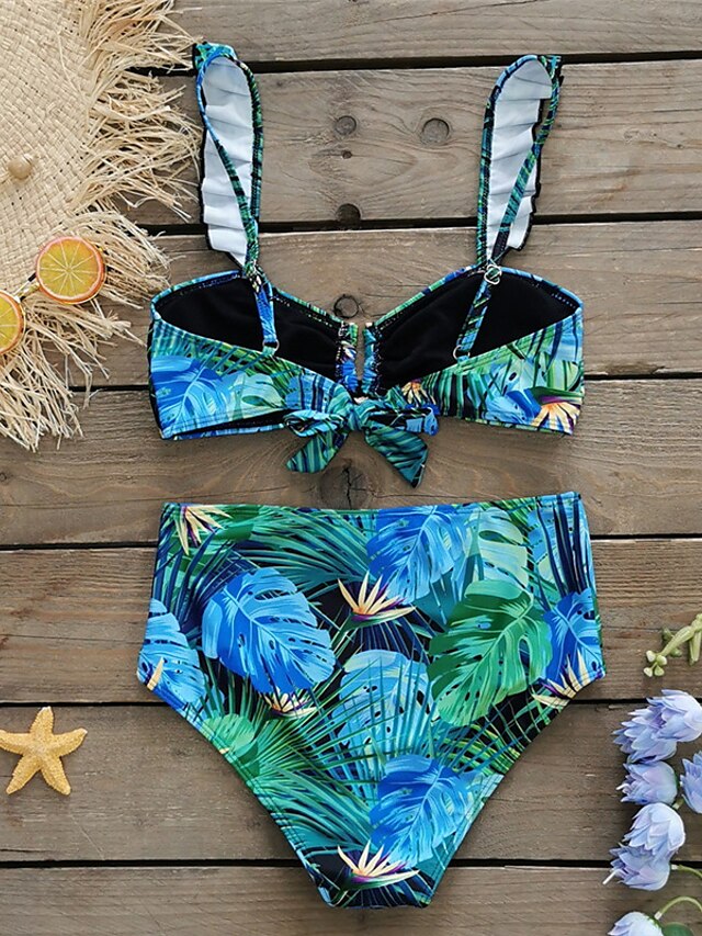 Womens Clothing Womens Swimwear | Womens Swimwear Bikini 2 Piece Normal Swimsuit Ruffle Open Back Printing Leaves Blue V Wire Ba