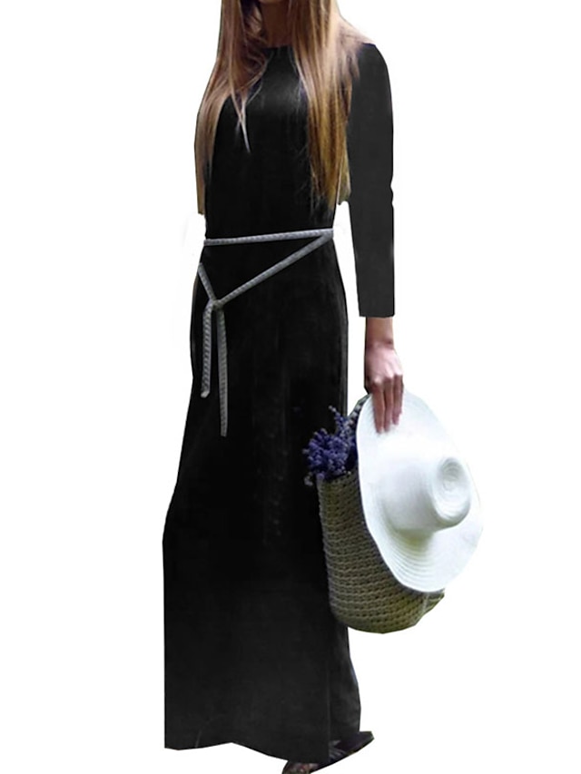 Womens Clothing Womens Dresses | Womens Shift Dress Maxi long Dress Black Long Sleeve Pure Color Pocket Spring Summer Crew Neck 