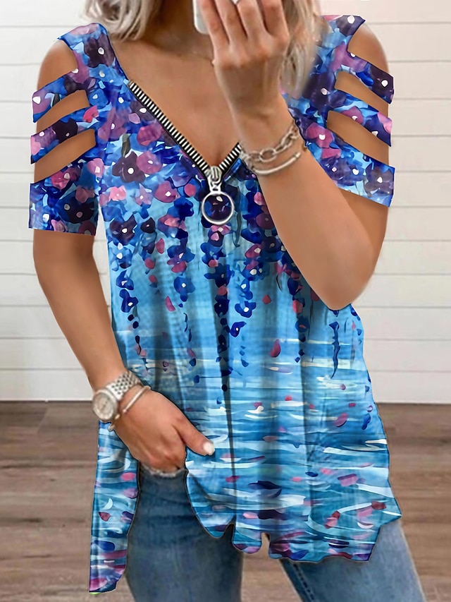 Womens Clothing Womens Tops | Womens Casual Holiday Weekend Floral Painting T shirt Tee Floral Short Sleeve Cold Shoulder Quarte