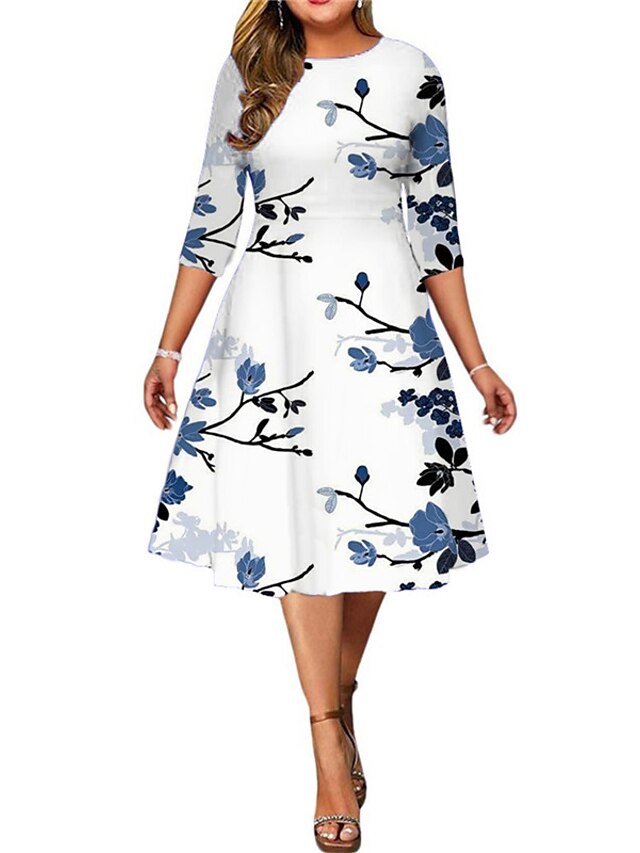 Womens Clothing Plus Size Collection | Womens Plus Size A Line Dress Floral Round Neck Print 3/4 Length Sleeve Spring Summer Cas