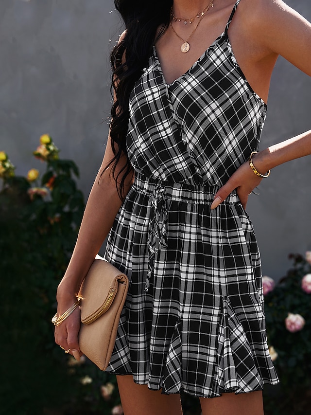 Womens Clothing Womens Jumpsuits & Rompers | Womens Romper Patchwork Plaid Deep V Streetwear Daily Bodycon Sleeveless Sleeveless