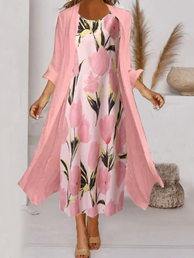 Women's Midi Dress Two Piece Dress Set Church Dress Pink Green Gray 3/4 Length Sleeve Floral Ruched Summer Spring Crew Neck Elegant 2023 S M L XL XXL 3XL 14