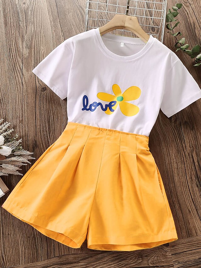 Baby & Kids Girls Clothing | Kids Girls Childrens Day T-shirt & Shorts Pants Set Clothing Set 2 Pieces Short Sleeve Orange Yello