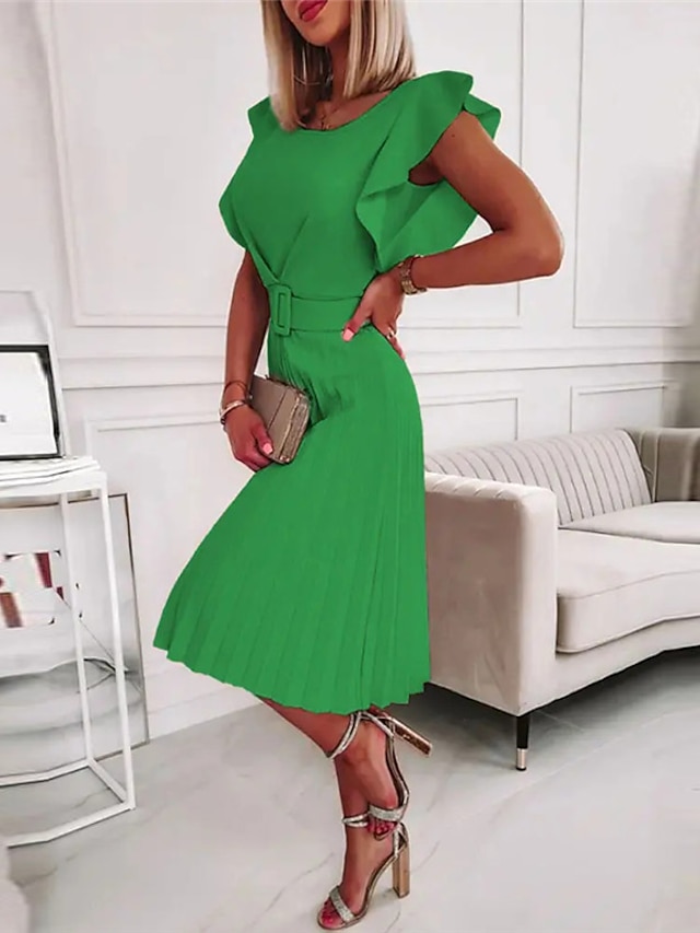 Womens Clothing Womens Dresses | Womens A Line Dress Knee Length Dress Green Fuchsia Orange Beige Short Sleeve Solid Color Ruffl