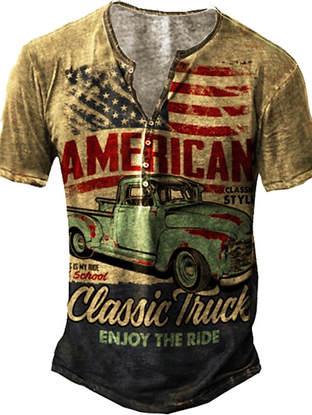 Mens Clothing Mens Tees & Tank Tops | Mens Henley Shirt 3D Print Graphic Car American Flag Henley Street Daily 3D Button-Down Sh