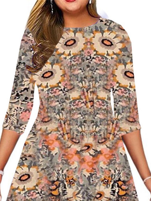 Womens Clothing Plus Size Collection | Womens Plus Size A Line Dress Floral Round Neck Print 3/4 Length Sleeve Spring Summer Cas