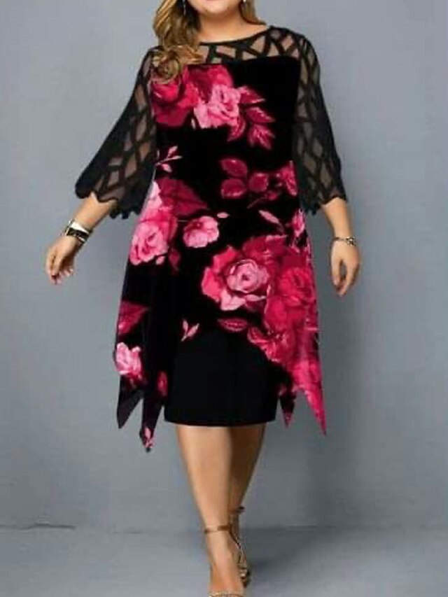 Womens Clothing Plus Size Collection | Womens Plus Size A Line Dress Floral Round Neck Ruched 3/4 Length Sleeve Spring Summer Ba