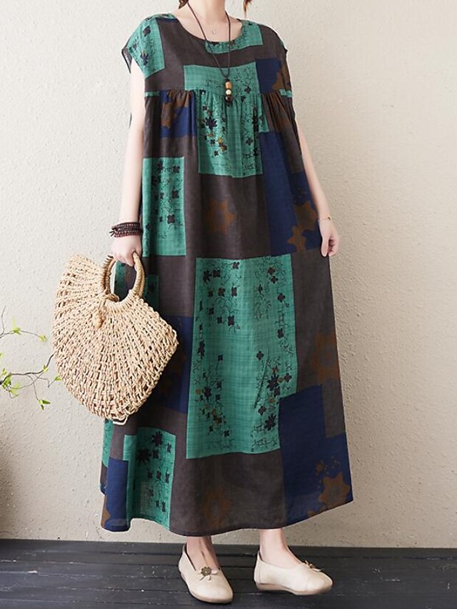 Womens Clothing Womens Dresses | Womens Swing Dress Maxi long Dress Green Brown Short Sleeve Print Print Summer Crew Neck Vintag