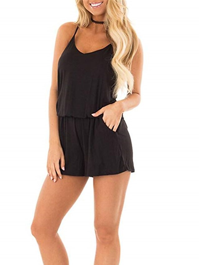 Womens Clothing Womens Jumpsuits & Rompers | Womens Romper Backless Pocket Solid Color Round Neck Casual Street Daily Regular Fi