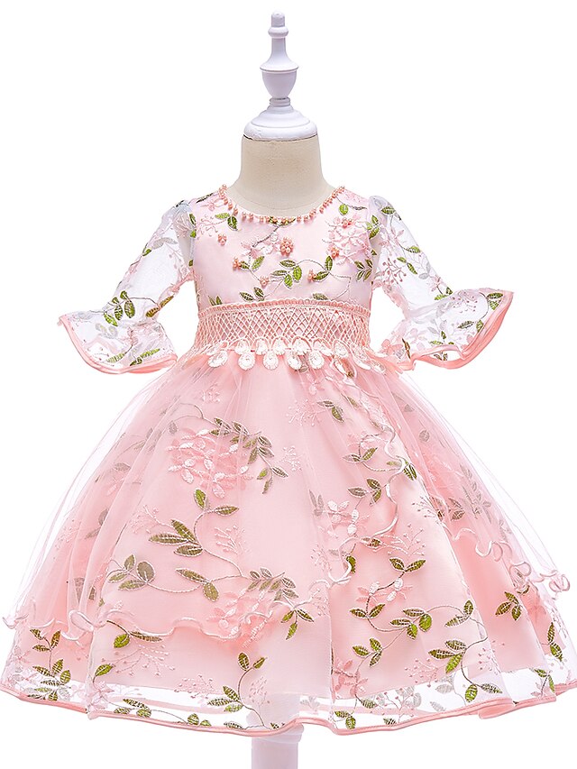 Baby & Kids Girls Clothing | Kids Little Girls Dress Flower Tulle Dress Party Daily Embroidered Bow Gray Pink Midi 3/4 Length Sl