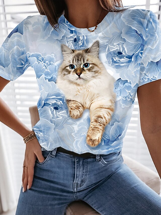  Women's Casual Holiday Weekend T shirt Tee Floral 3D Cat Painting Short Sleeve Floral Cat 3D Round Neck Print Basic Tops Blue Purple Pink S / 3D Print