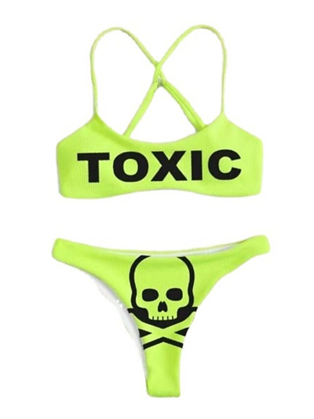 Womens Clothing Womens Swimwear | Womens Swimwear Bikini 2 Piece Normal Swimsuit Open Back Printing Skull Letter Green Blue Fuch