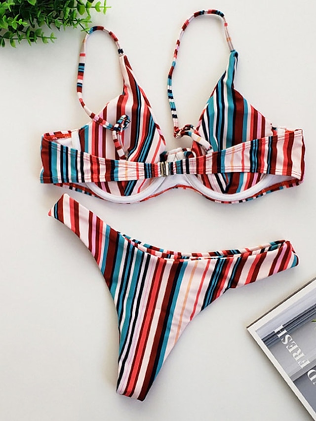 Womens Clothing Womens Swimwear | Womens Swimwear Bikini 2 Piece Normal Swimsuit Backless High Waist Printing string Stripe Red 