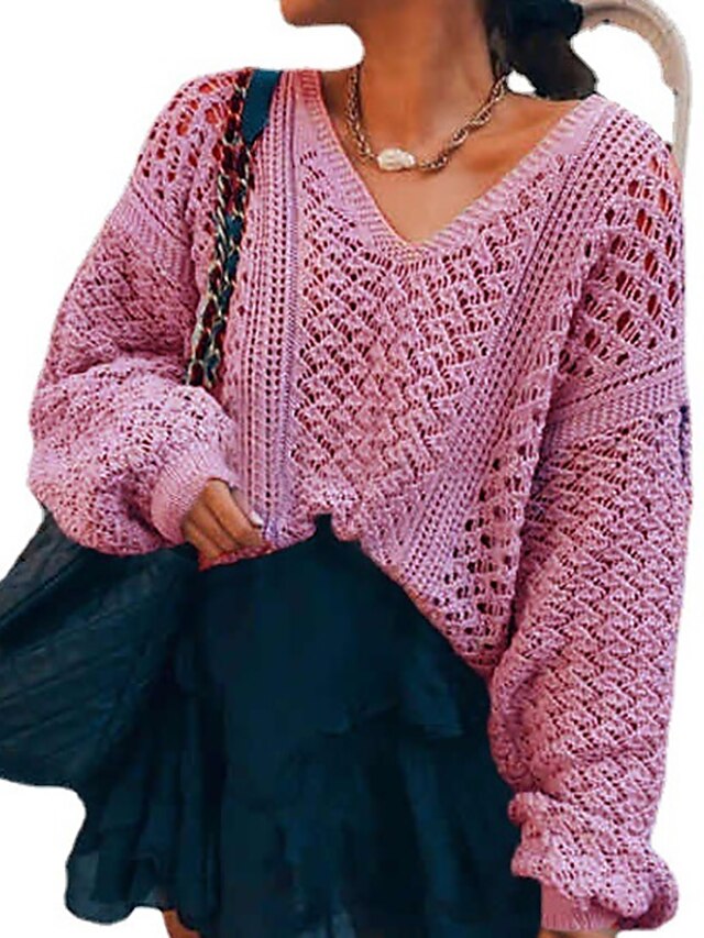 Womens Clothing Sweaters & Cardigans | Womens Sweater Jumper crochet Knit Knitted Pure Color V Neck Stylish Sport Daily Drop Sho