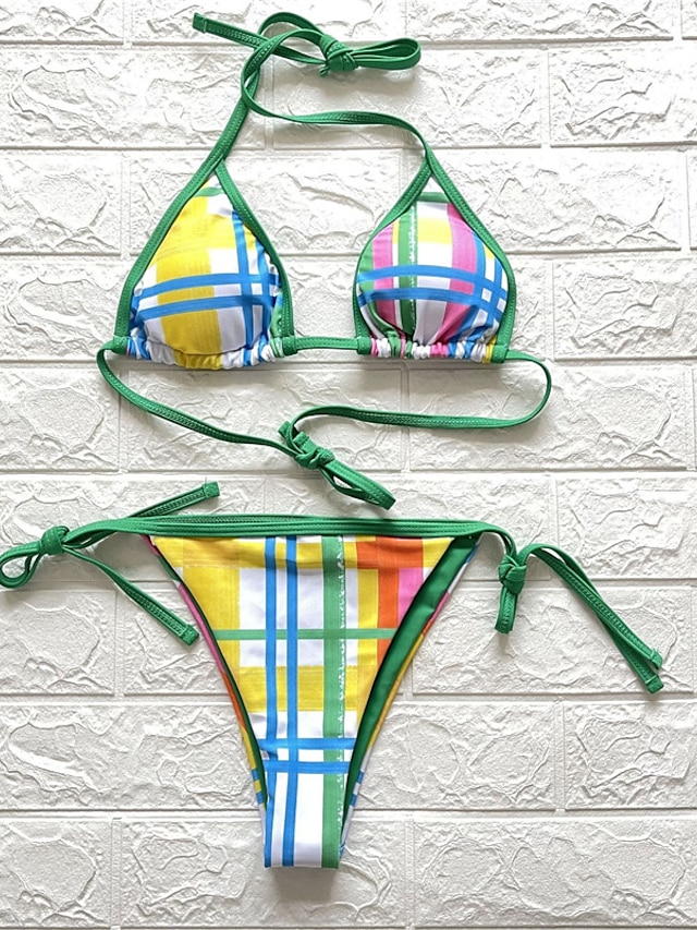 Womens Clothing Womens Swimwear | Womens Swimwear Bikini 2 Piece Normal Swimsuit Open Back Printing string Plaid Green Halter V 