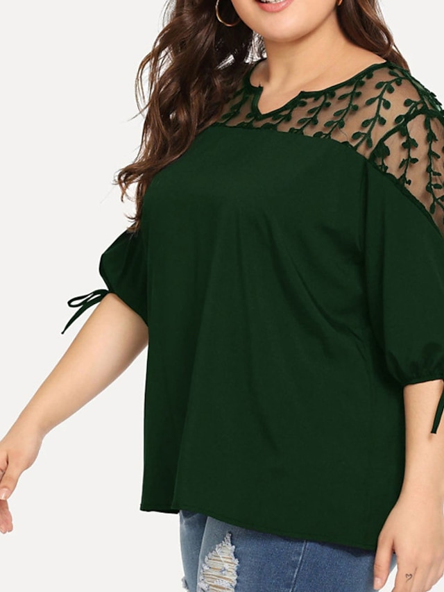 Womens Clothing Plus Size Collection | Womens Plus Size Tops T shirt Plain Lace 3/4 Length Sleeve V Neck Basic Streetwear Daily 