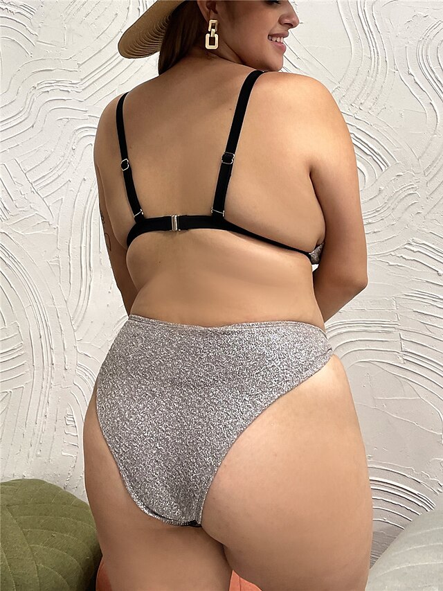 Womens Clothing Womens Swimwear | Womens Swimwear Bikini 2 Piece Plus Size Swimsuit Sequins Open Back Pure Color Silver Strap Ba