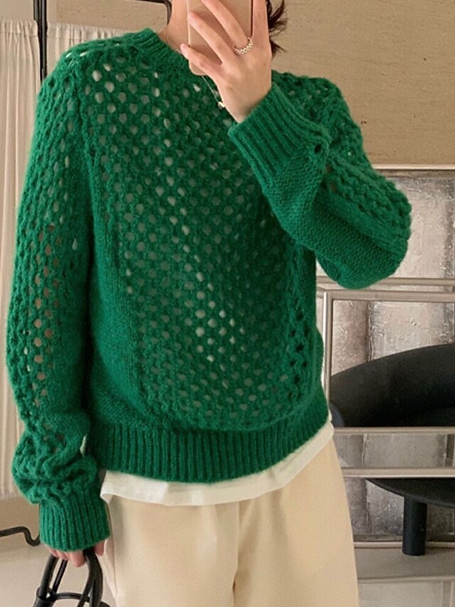 Womens Clothing Sweaters & Cardigans | Womens Pullover Sweater Jumper crochet Knit Knitted Hole Pure Color Crew Neck Stylish Cas