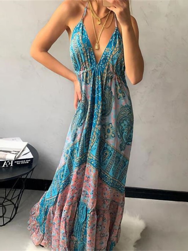 Womens Clothing Womens Dresses | Womens Swing Dress Midi Dress Blue Sleeveless Floral Backless Cold Shoulder Print Spring Summer