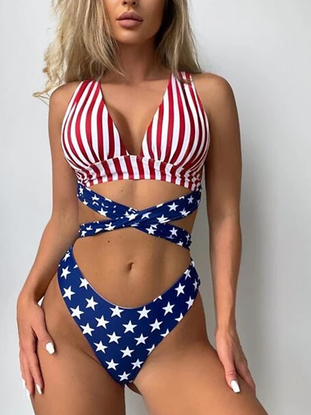 Womens Clothing Womens Swimwear | Womens Swimwear Bikini 2 Piece Normal Swimsuit Open Back Cut Out Printing National Flag Blue H