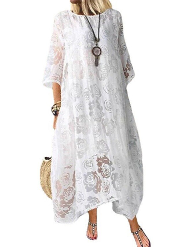 Xmiral Vestito Estivo Donna In Lino Estivo A Mezza Manica O Collo A Trapezio Con Stampa Floreale Al Ginocchio Abito Midi (L,4verde - 3