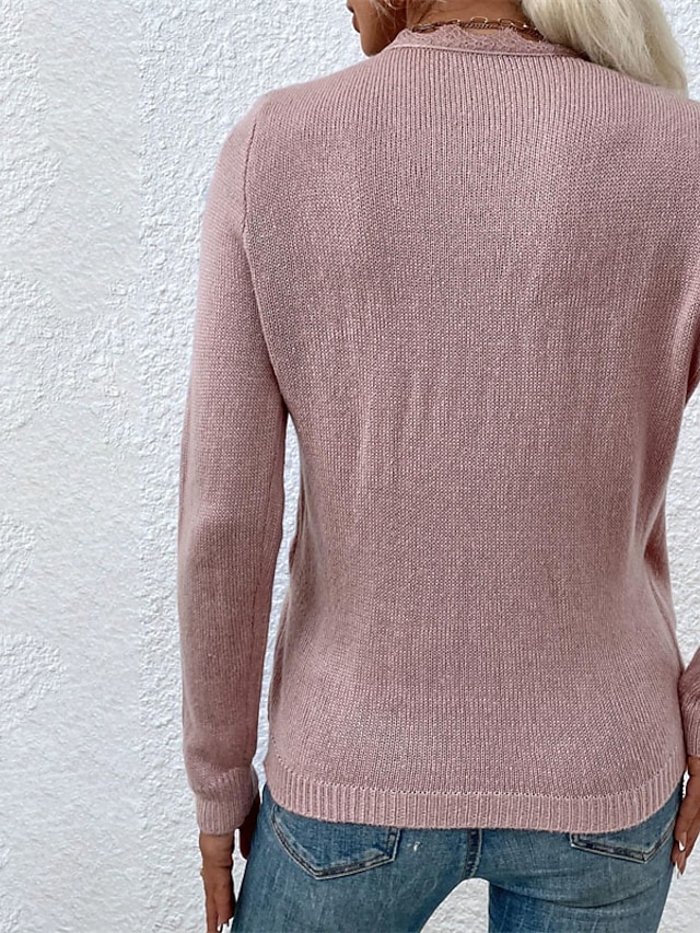 Womens Clothing Sweaters & Cardigans | Womens Pullover Sweater Jumper Knit Knitted Lace Trims Pure Color V Neck Stylish Casual D