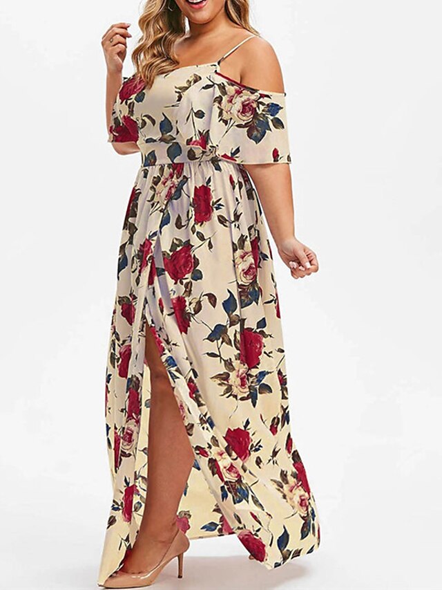 Womens Clothing Plus Size Collection | Womens Plus Size A Line Dress Floral Off Shoulder Print Short Sleeve Spring Summer Sexy M