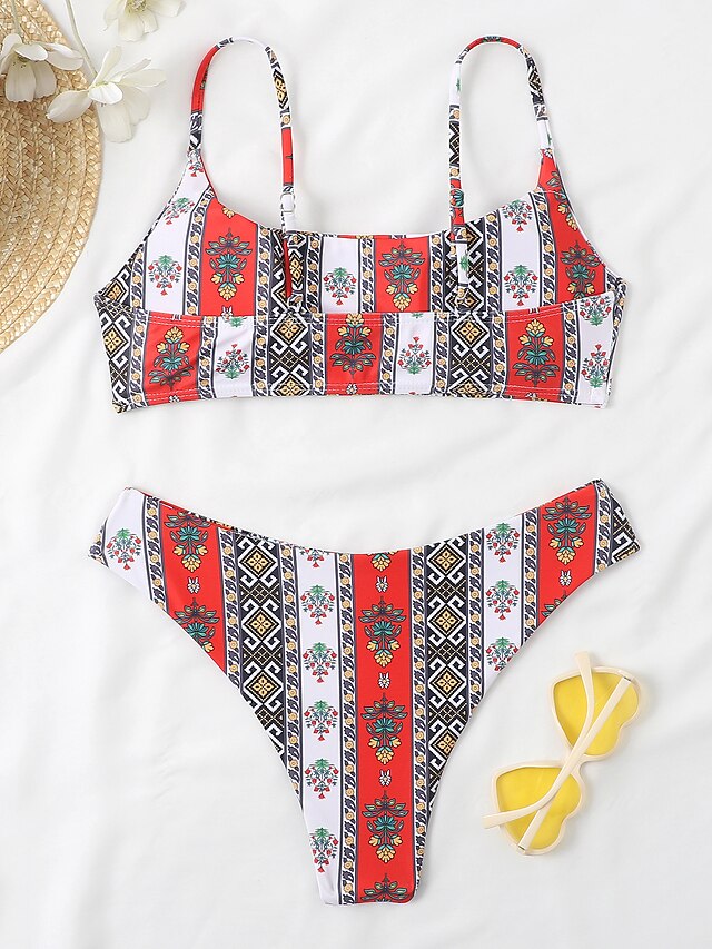 Womens Clothing Womens Swimwear | Womens Swimwear Bikini 2 Piece Normal Swimsuit Backless 2 Piece Printing string Floral Stripe 