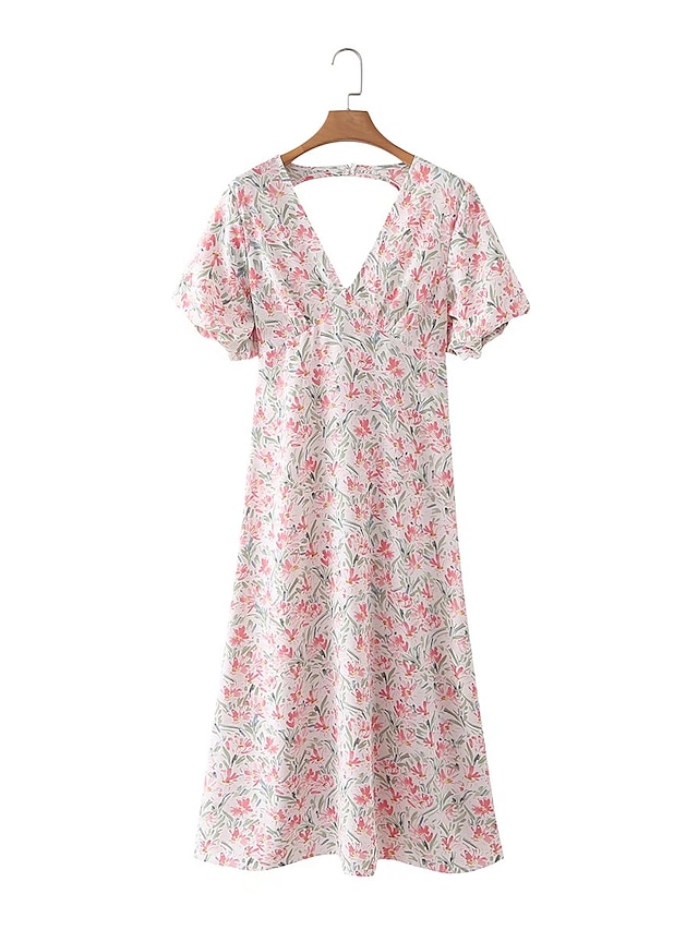 Womens Clothing Womens Dresses | Womens Sundress Maxi long Dress White Short Sleeve Floral Print Backless Hollow To Waist Print 