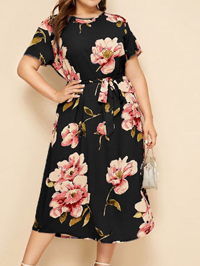 Womens Clothing Plus Size Collection | Womens Plus Size A Line Dress Floral Round Neck Print Short Sleeve Spring Summer Work Cas