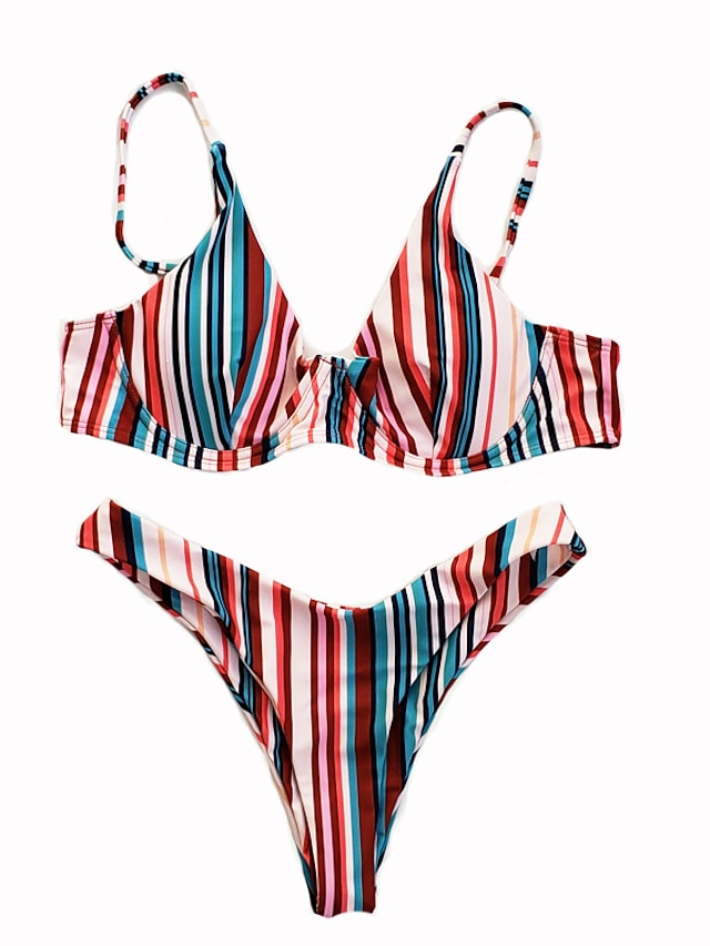 Womens Clothing Womens Swimwear | Womens Swimwear Bikini 2 Piece Normal Swimsuit Backless High Waist Printing string Stripe Red 