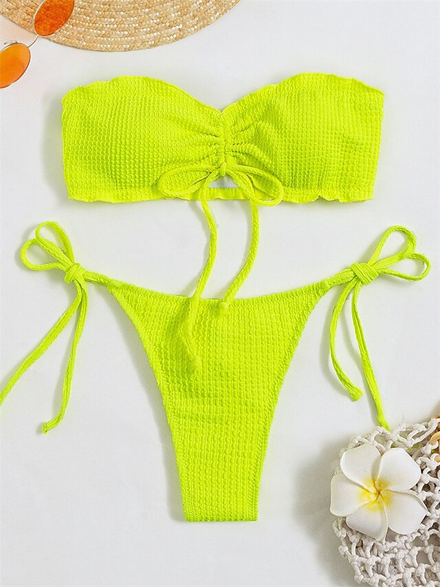 Womens Clothing Womens Swimwear | Womens Swimwear Bikini 2 Piece Normal Swimsuit Open Back string Pure Color Yellow Bandeau Stra