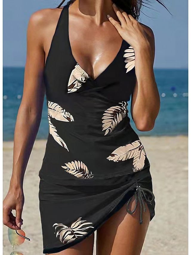  Women's Plus Size Swimwear Tankini 2 Piece Swim Dress Swimsuit Halter 2 Piece Modest Swimwear Open Back Printing Leaves V Wire Tropical Beach Wear Bathing Suits