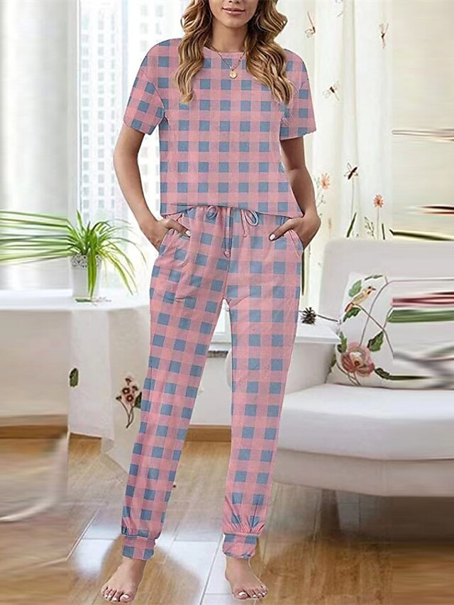 Womens Clothing Womens Sleep & Lounge | Womens Loungewear Sets Grid / Plaid Heart Comfort Sport Home Daily Cotton Blend Crew Nec