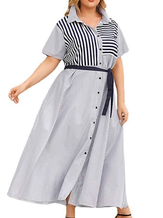 Womens Clothing Plus Size Collection | Womens Plus Size A Line Dress Striped Shirt Collar Print Short Sleeve Spring Summer Work 