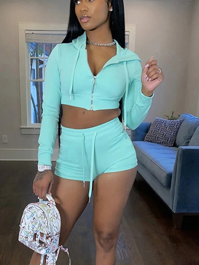 Womens Clothing Womens Tops | Womens Women Sexy Plain Two Piece Set Shorts Sets Pant Shorts Zipper Tops - HT55239