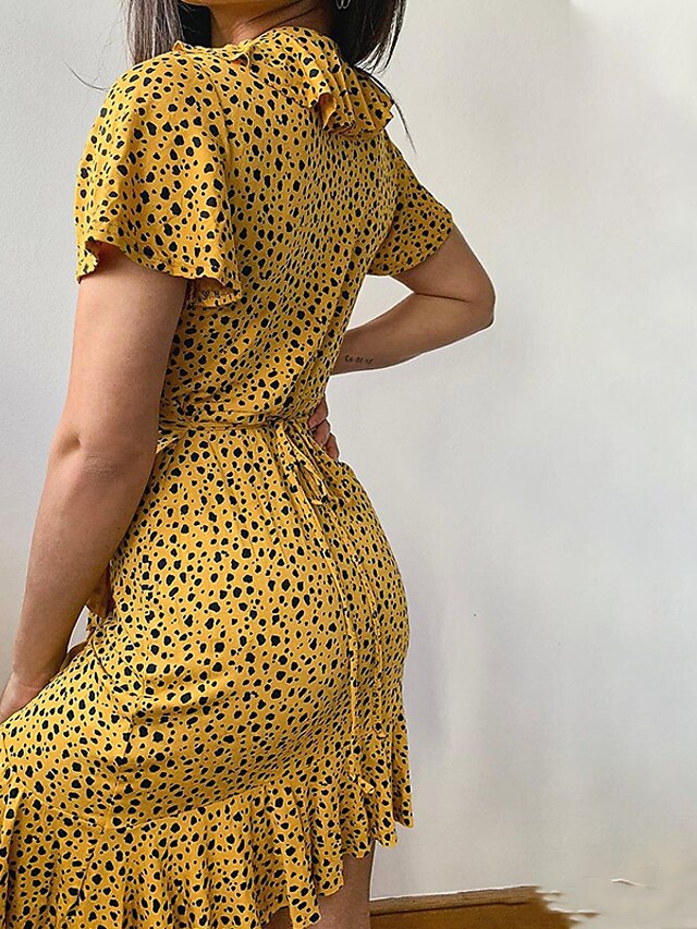 Womens Clothing Womens Dresses | Womens A Line Dress Short Mini Dress White Black Red Yellow Short Sleeve Polka Dot Chiffon Ruff